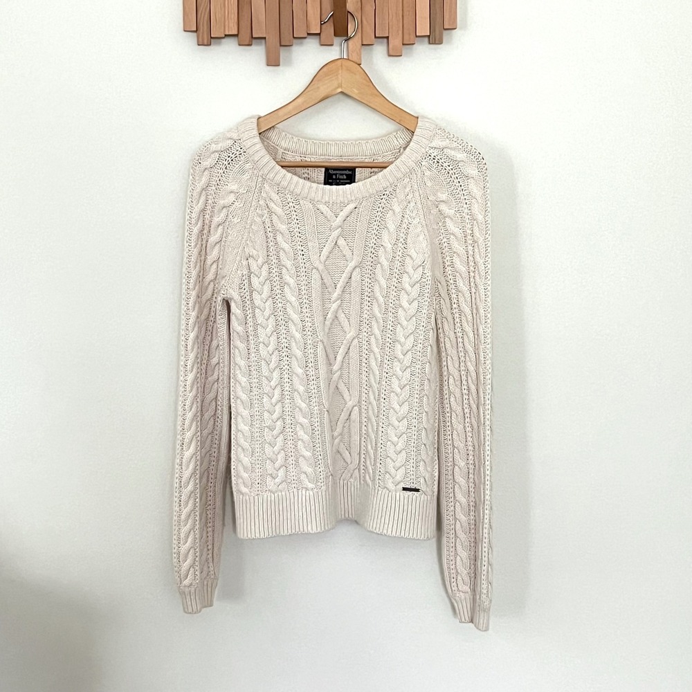 Abercrombie & Fitch Womens Cream Cable Knit Sweater Medium Cotton Blend Pullover - Picture 1 of 6